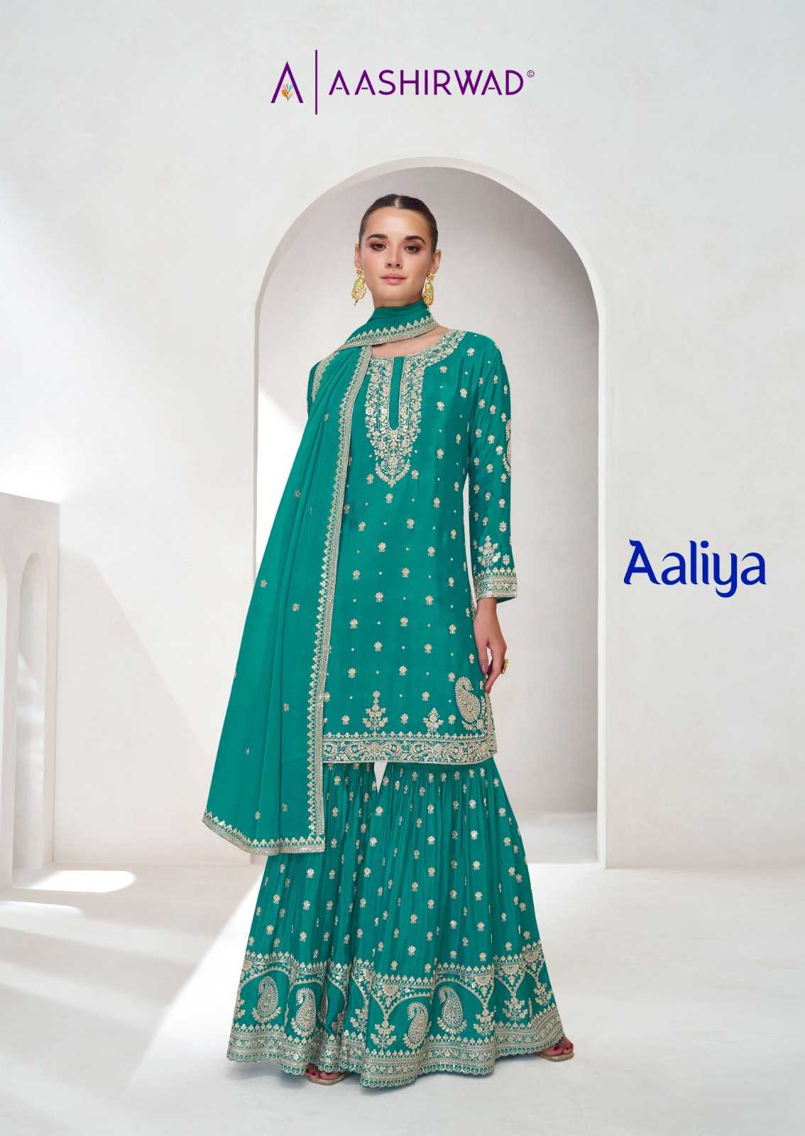 aashirwad creation aaliya chinnon silk readymade party wear suits for women