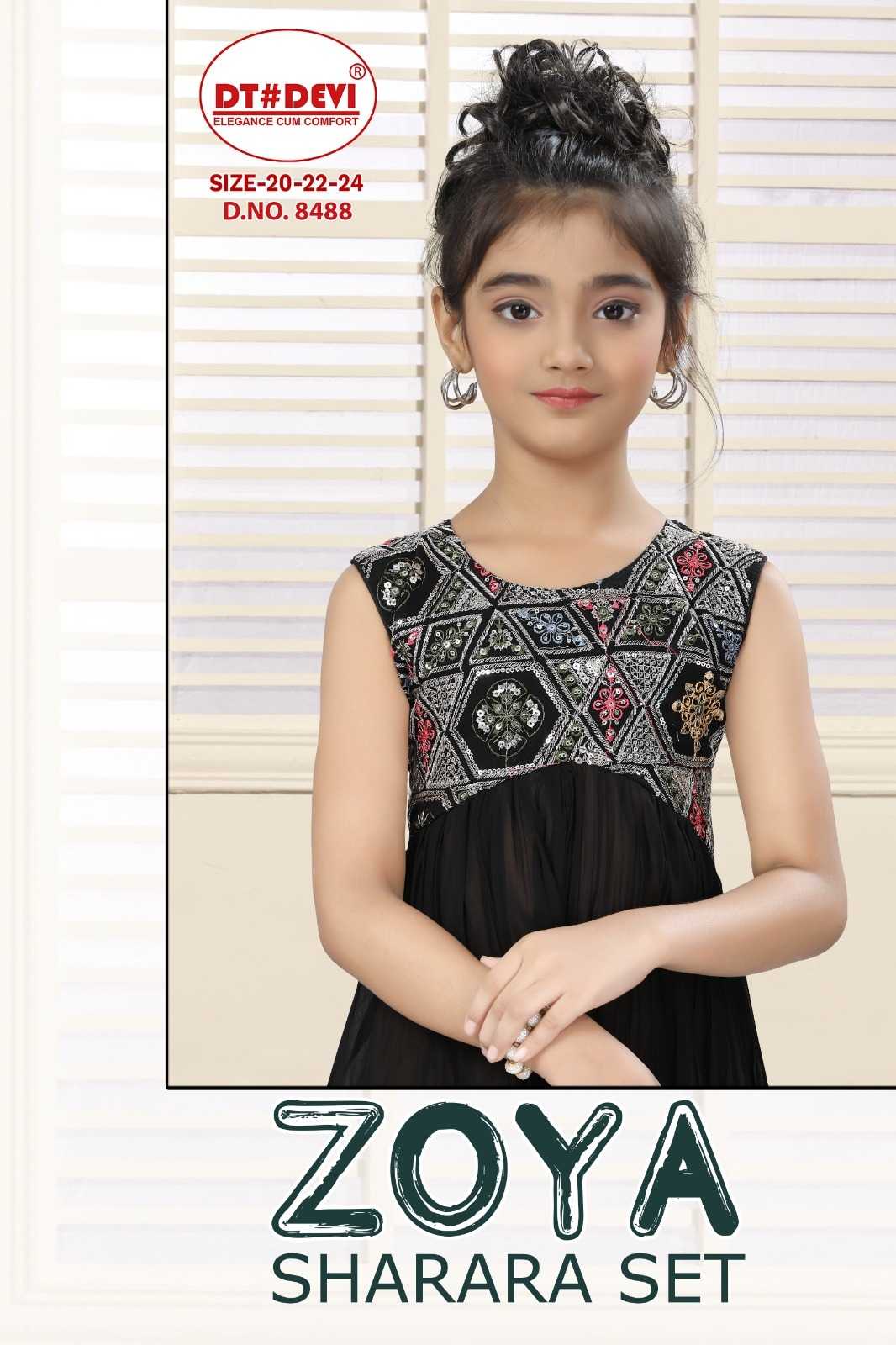 dt devi zoya sharara 8488 georgette designer kids wear full stitch combo 3pcs dress