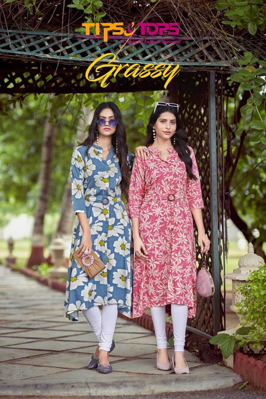 grassy by tips & tops rayon a line with belt elegant style full stitch long kurti