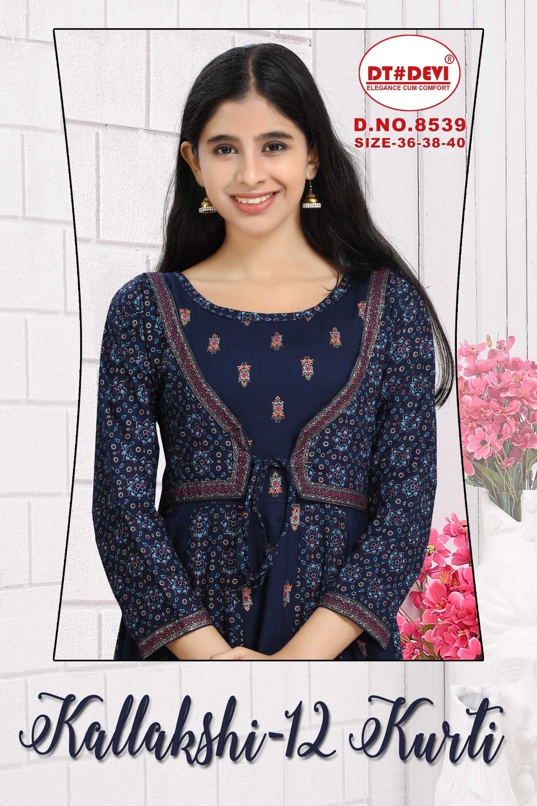 kallakshi vol 12 by dt devi 8539 rayon classic look full stitch combo set kids long kurti 