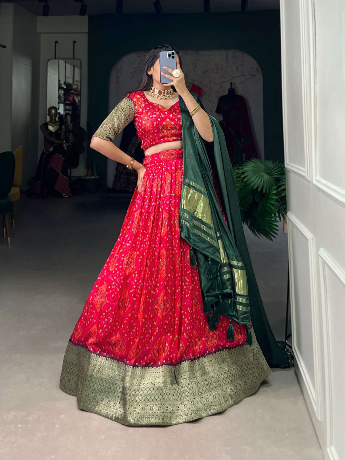 pr lnb1905 traditional print stitched lehenga with unstitch blouse dupatta