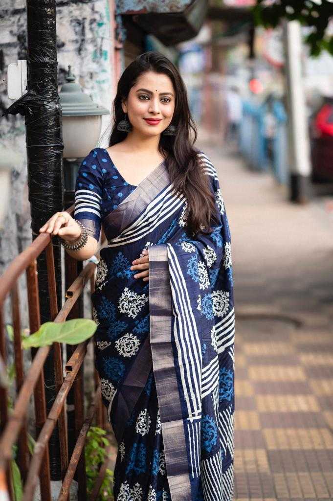 pr trendy indigo batik print stylish soft silk saree