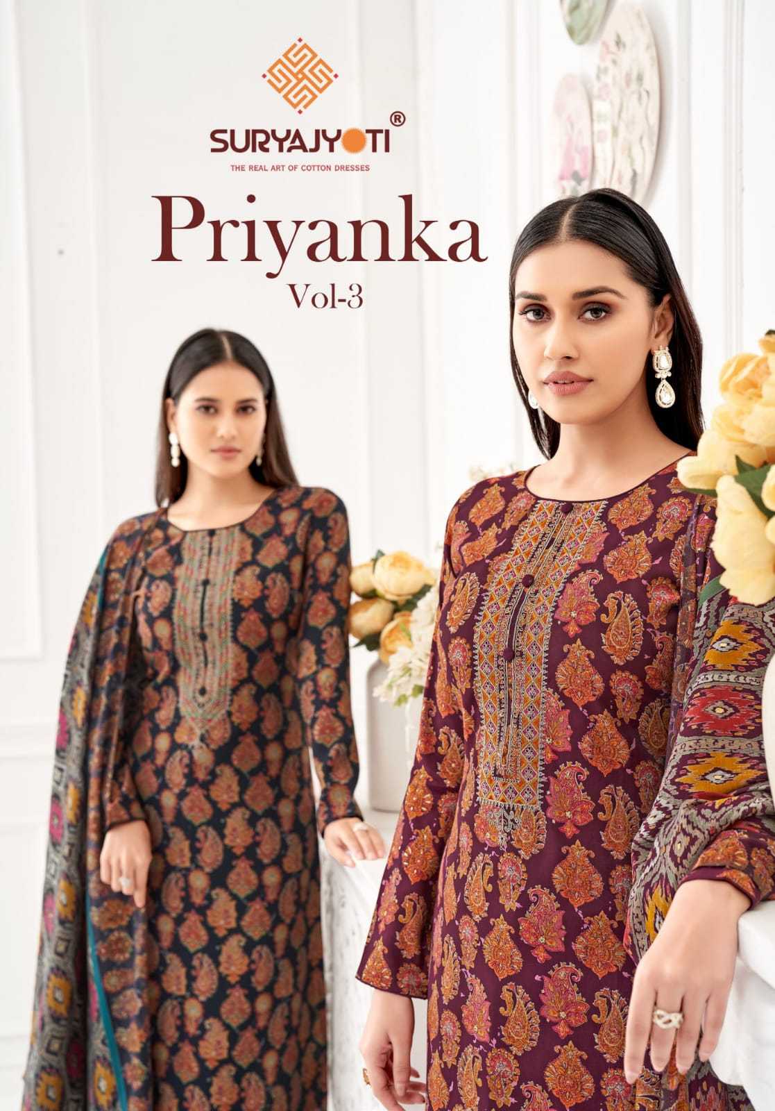 priyanka vol 3 by suryajyoti neck embroidery print readymade suits