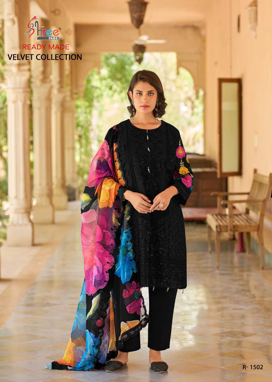 r 1502 by shree fab attractive look velvet readymade 3pcs suits