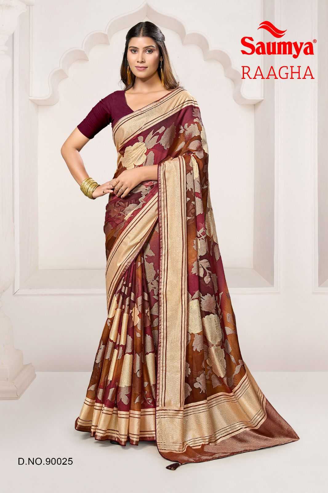 saumya raagha foil printed unique colour brasso saree