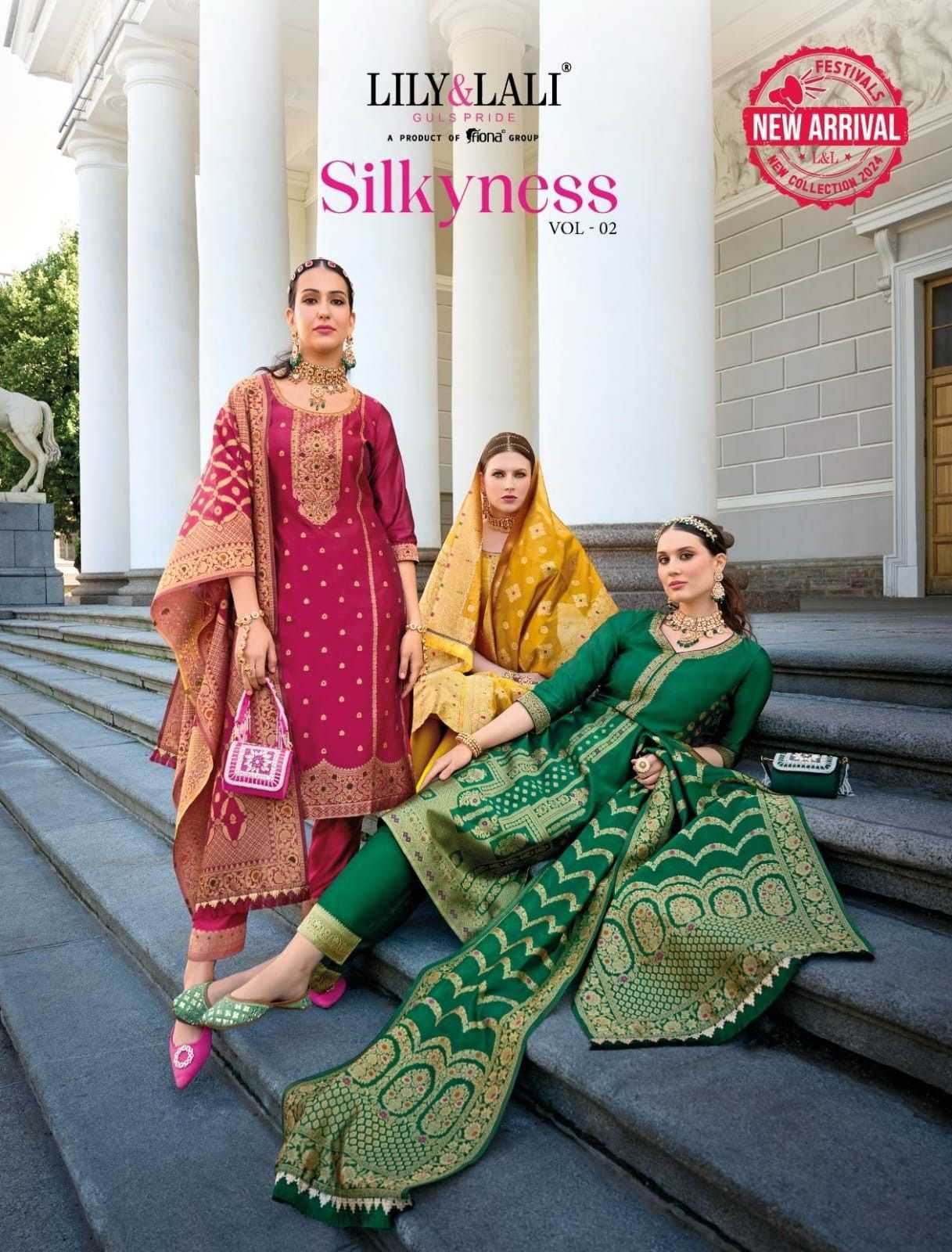 silkyness vol 2 by lily & lali organza jacquard full stitch party wear suits for women