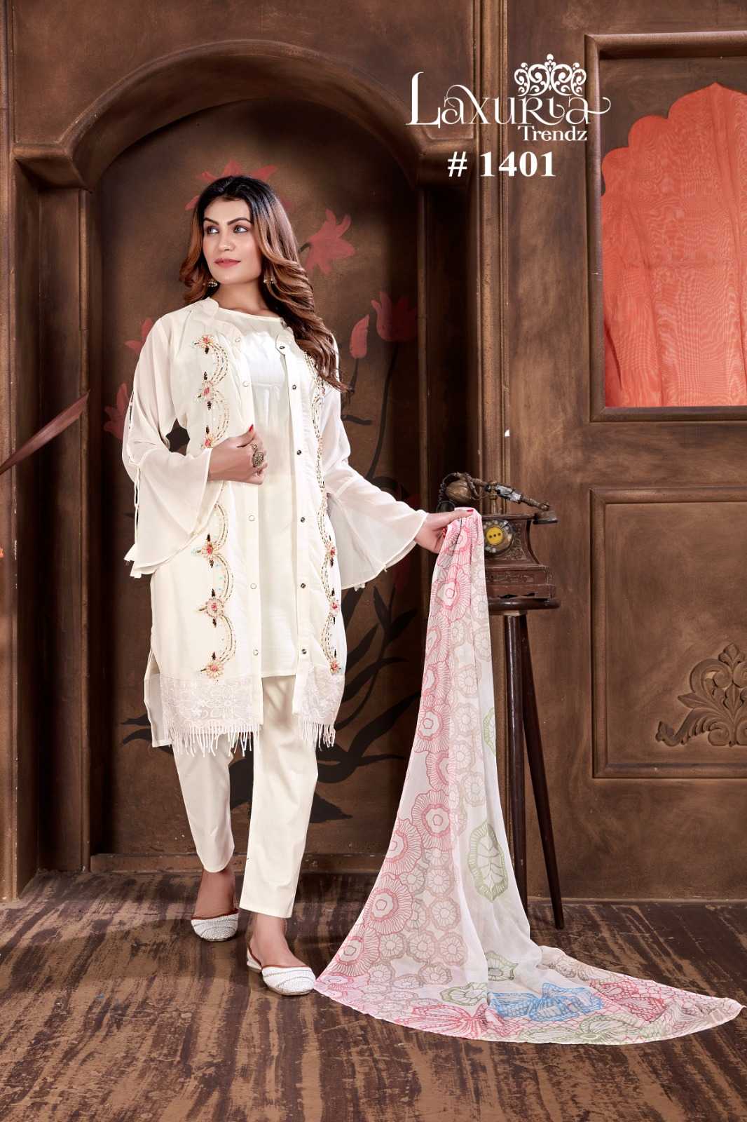 1401 by laxuria trendz georgette beautiful look full stitch pakistani 3pcs dress