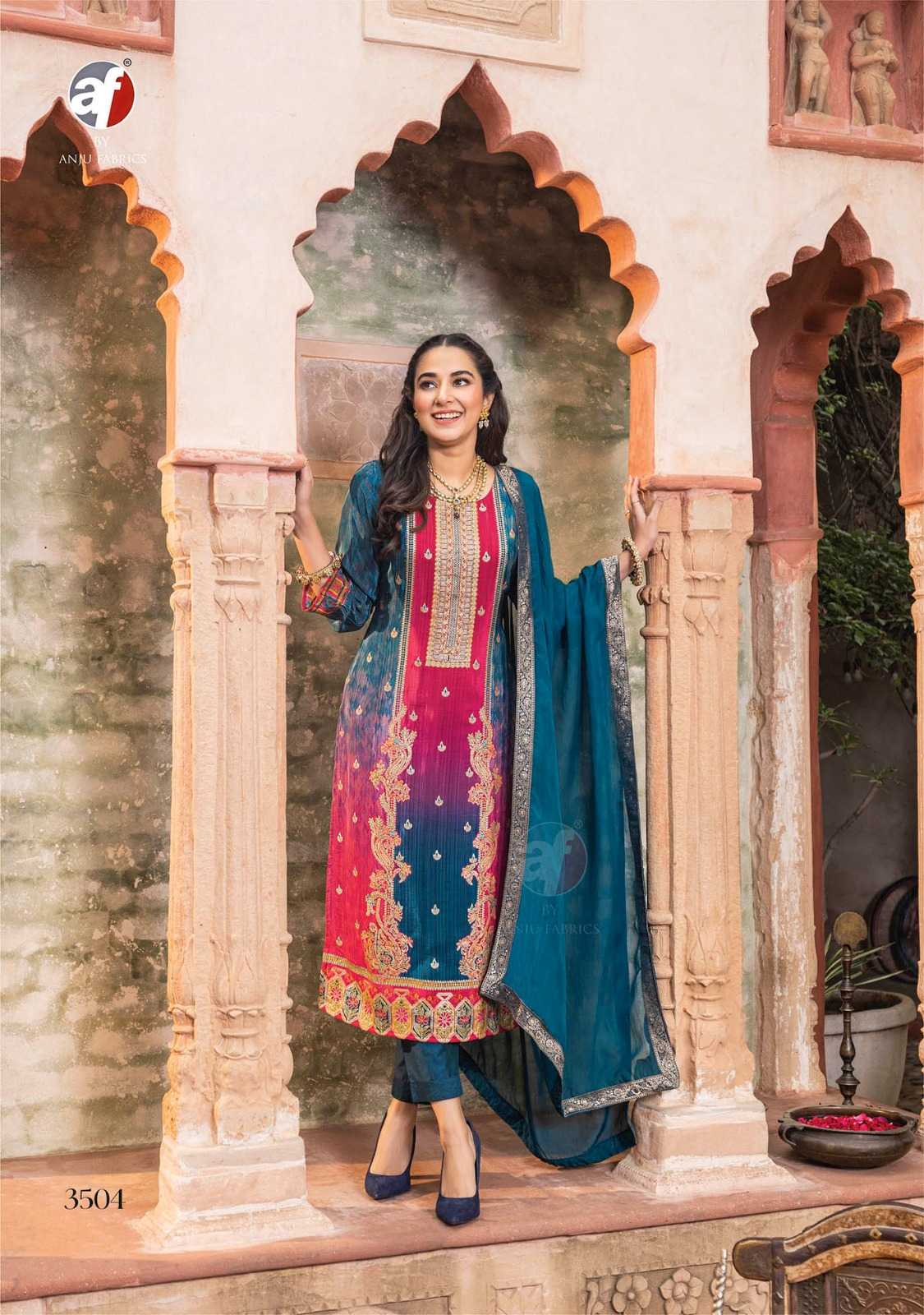 anju fab 3504 russian silk jacquard print readymade combo suits