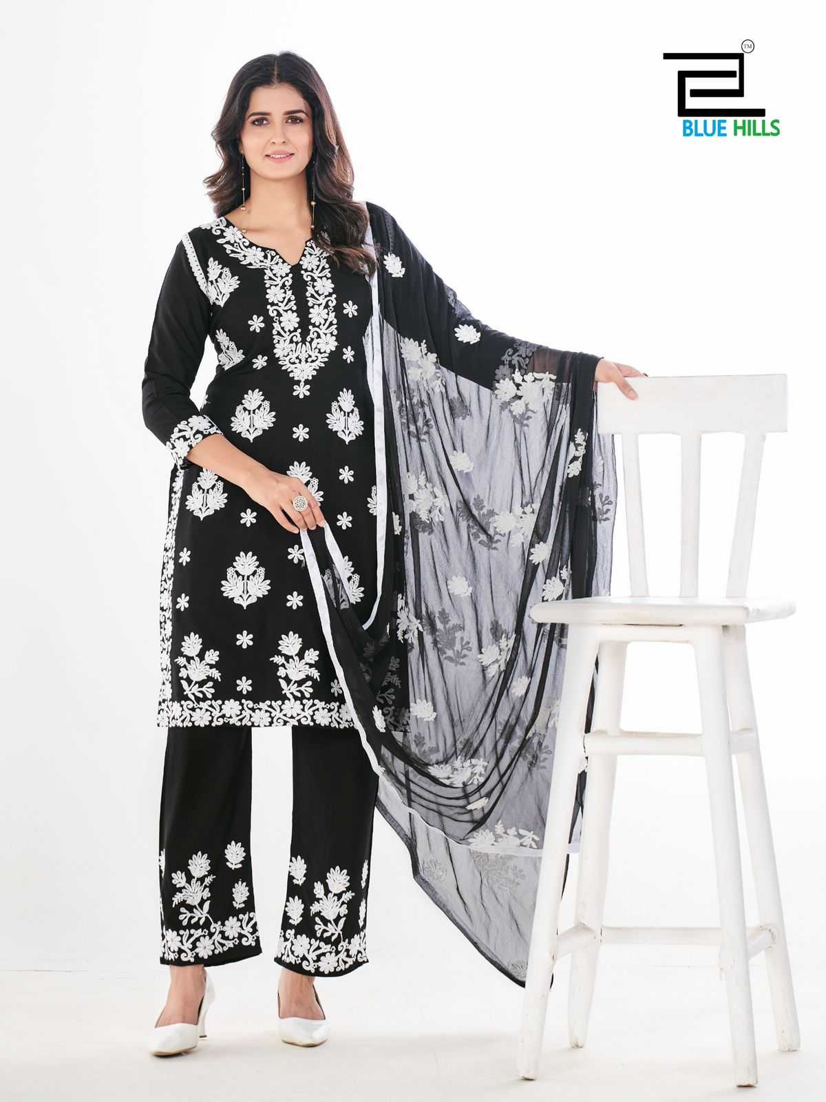 black and white vol 7 by blue hills rayon readymade big size fancy kurti pant dupatta 