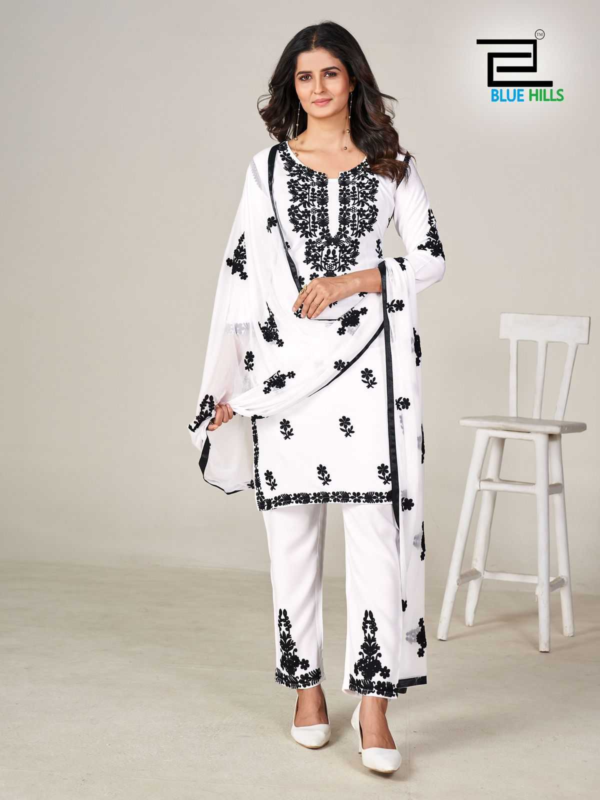 blue hills black and white vol 5 rayon thread work fully stitch plus size ladies suit 