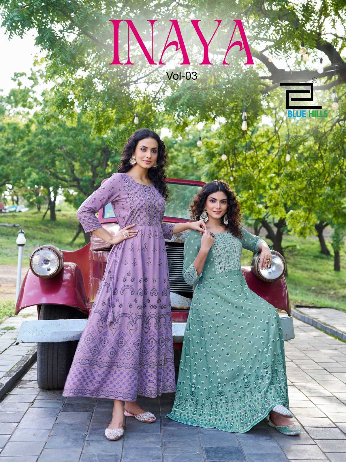 inaya vol 3 by blue hills rayon readymade big size frock style long kurti 