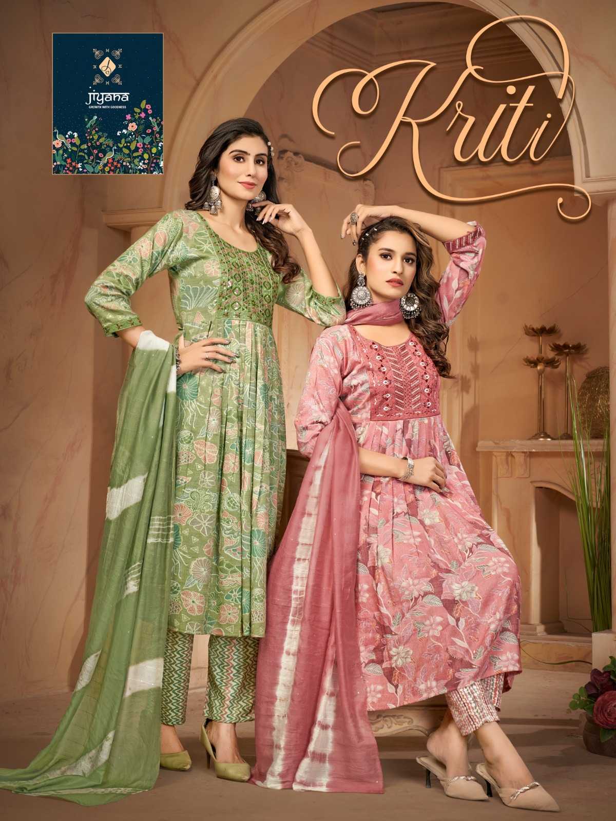 kriti by jiyana rayon print embroidery work casual readymade salwar suit 