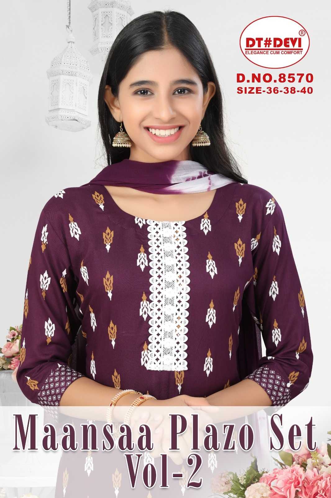 maansaa plazo vol 2 by dt devi  8570 rayon print daily wear full stitch kids combo dress