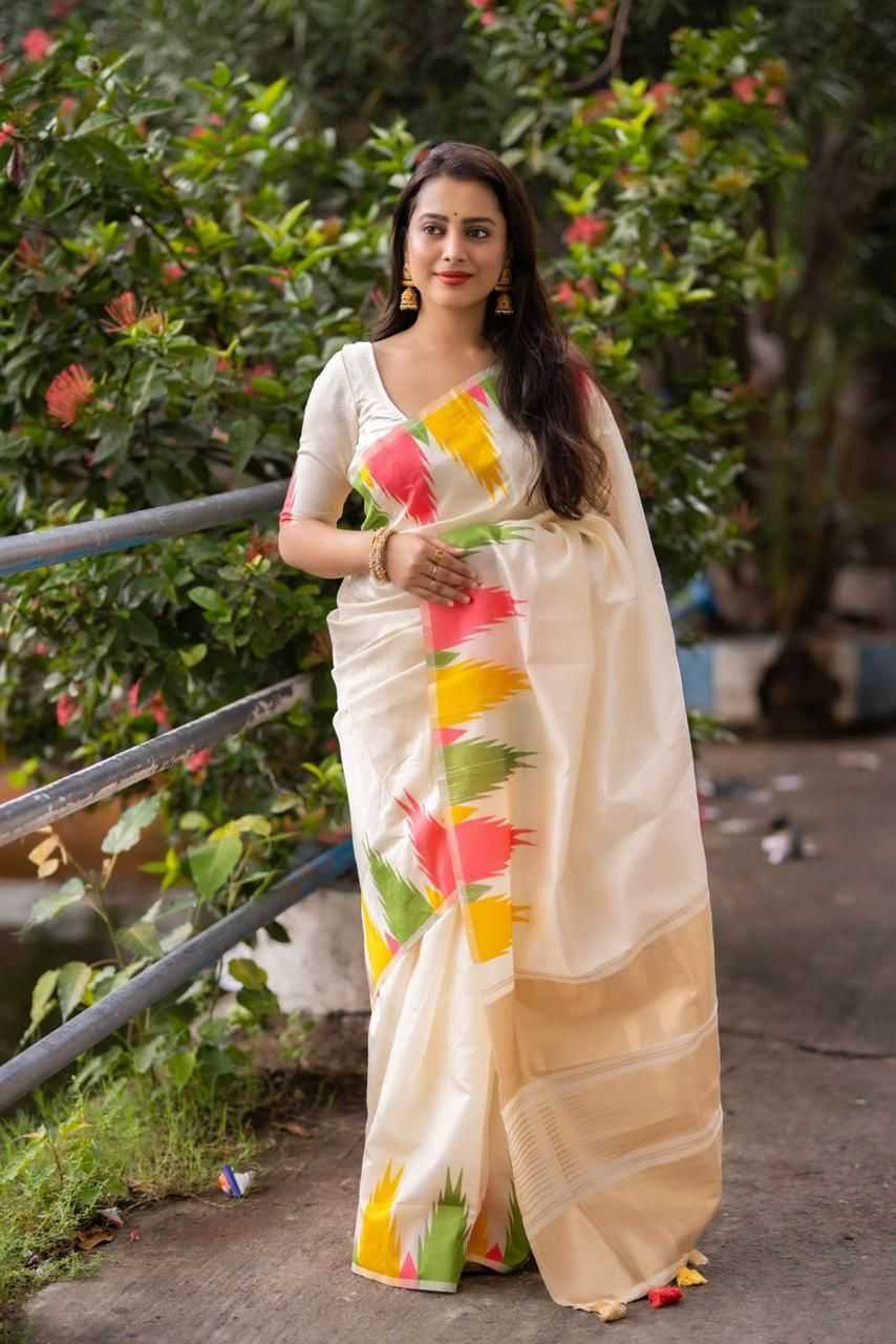 pr kc ivory temple silk multi colour zari woven saree with blouse 