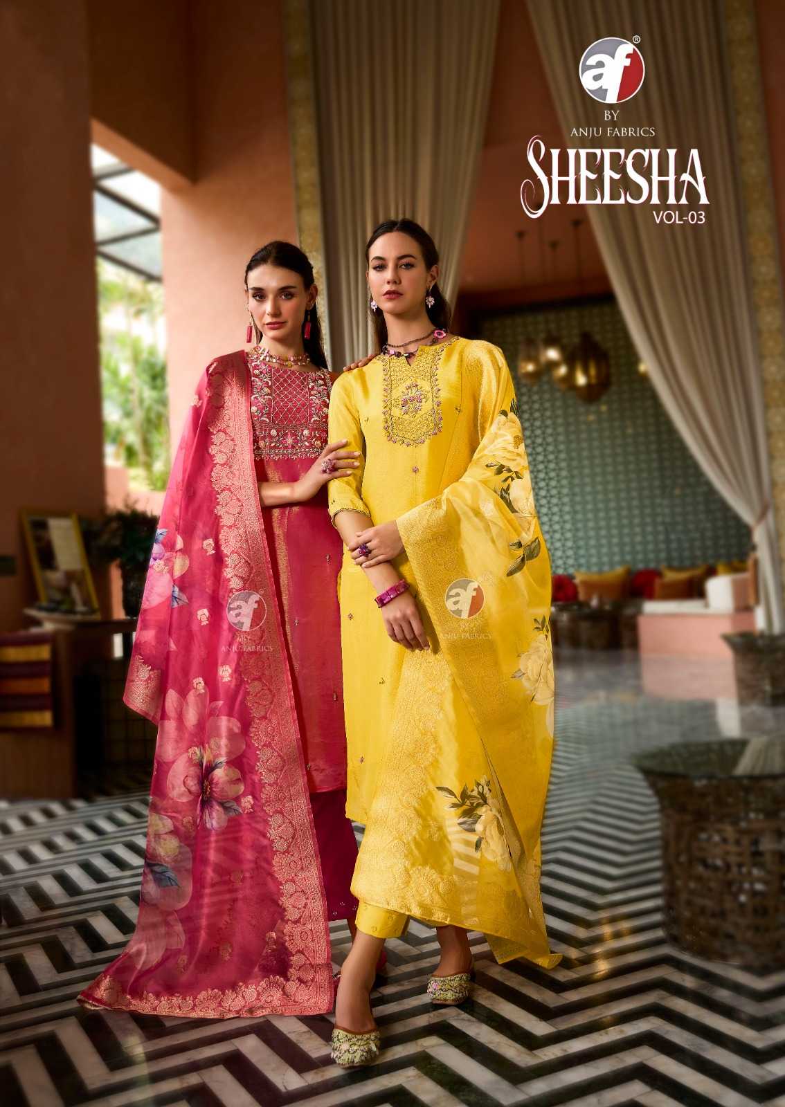 sheesha vol 3 by anju fab tissue shimmer full stitch big size party wear 3pcs dress 