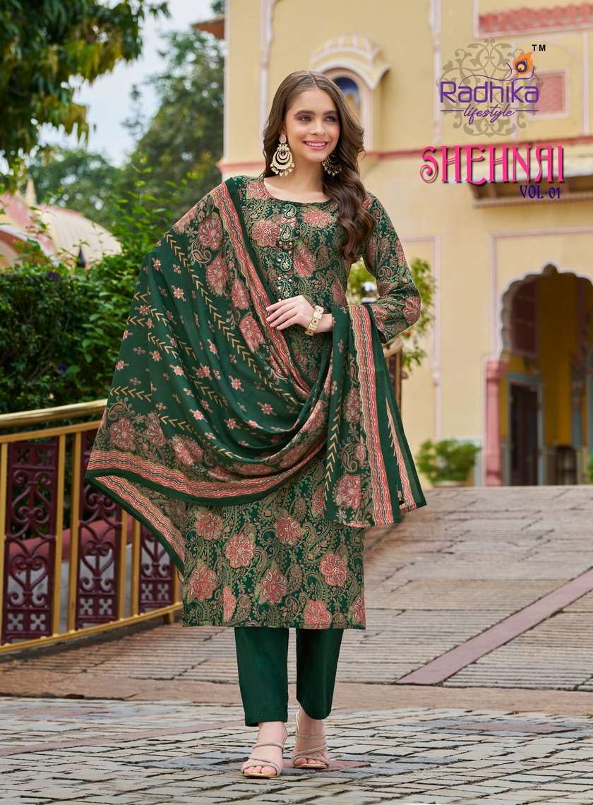 shehnai vol 1 by radhika lifestyle vartican print readymade casual big size suit 