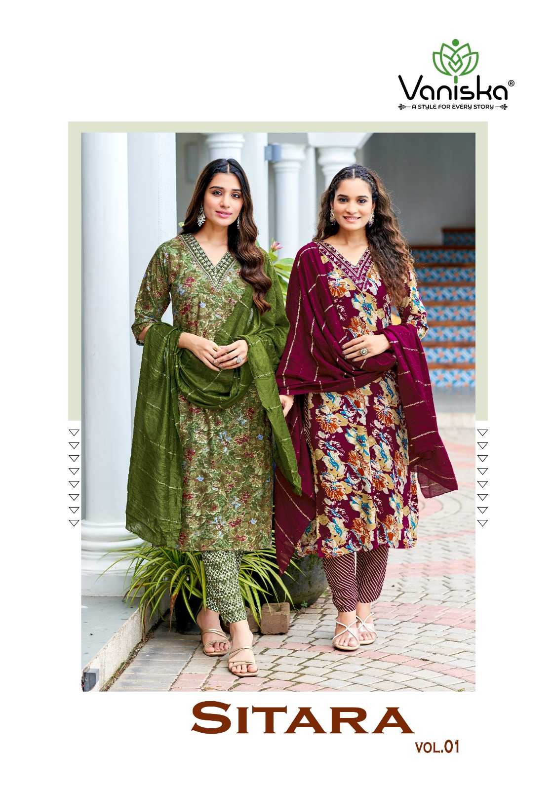 sitara vol 1 by vaniska colourpix foil print fullstitch big size rayon 3pcs dress