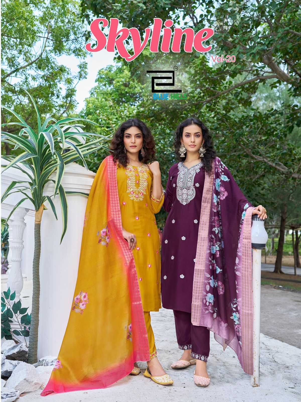 skyline vol 20 by blue hills chinon silk big size readymade churidar suits