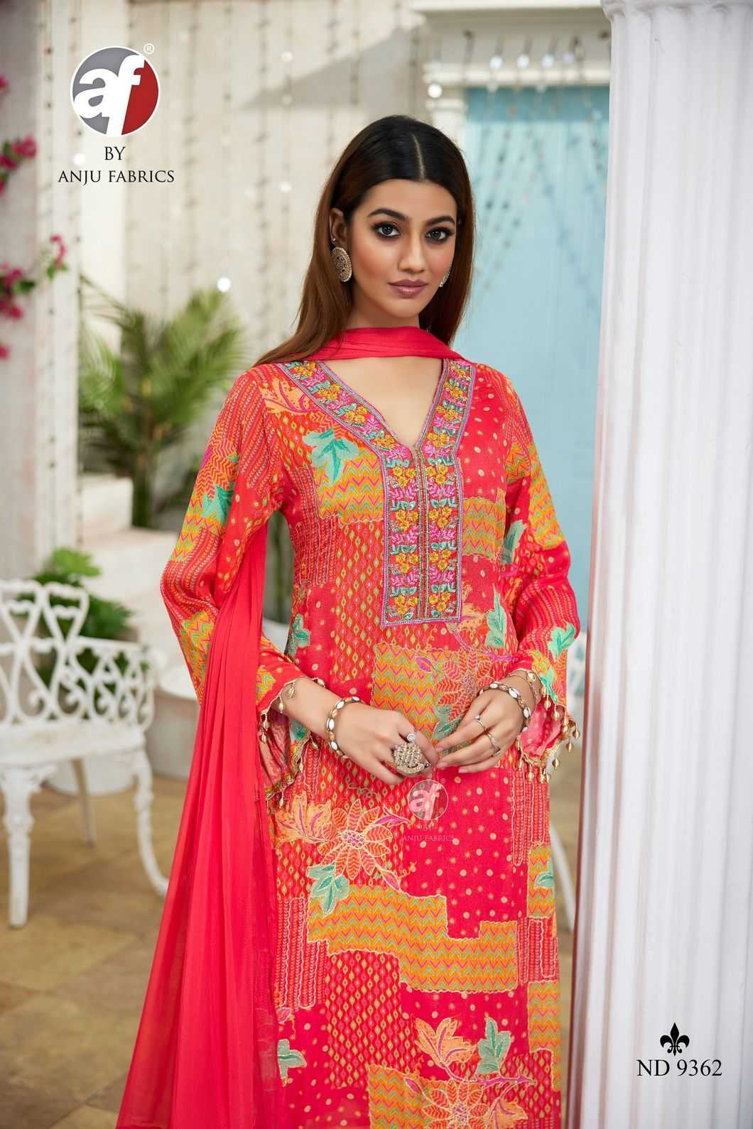 anju fab nd 9362 chinon unique style readymade combo ladies suits