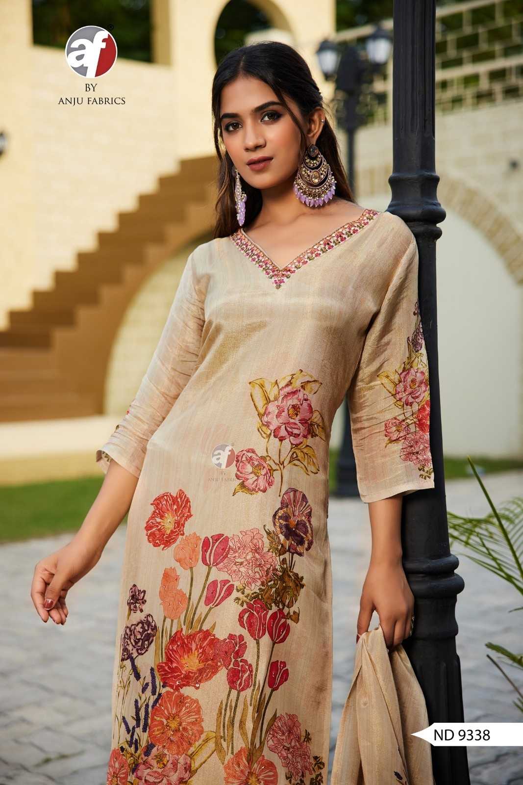 anju fab nd 9338 tissue shimmer style print readymade combo suits online