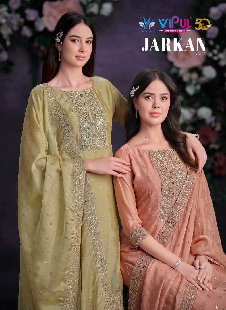 jarkan vol 5 by vipul fashion stylish look shimmer organza suits