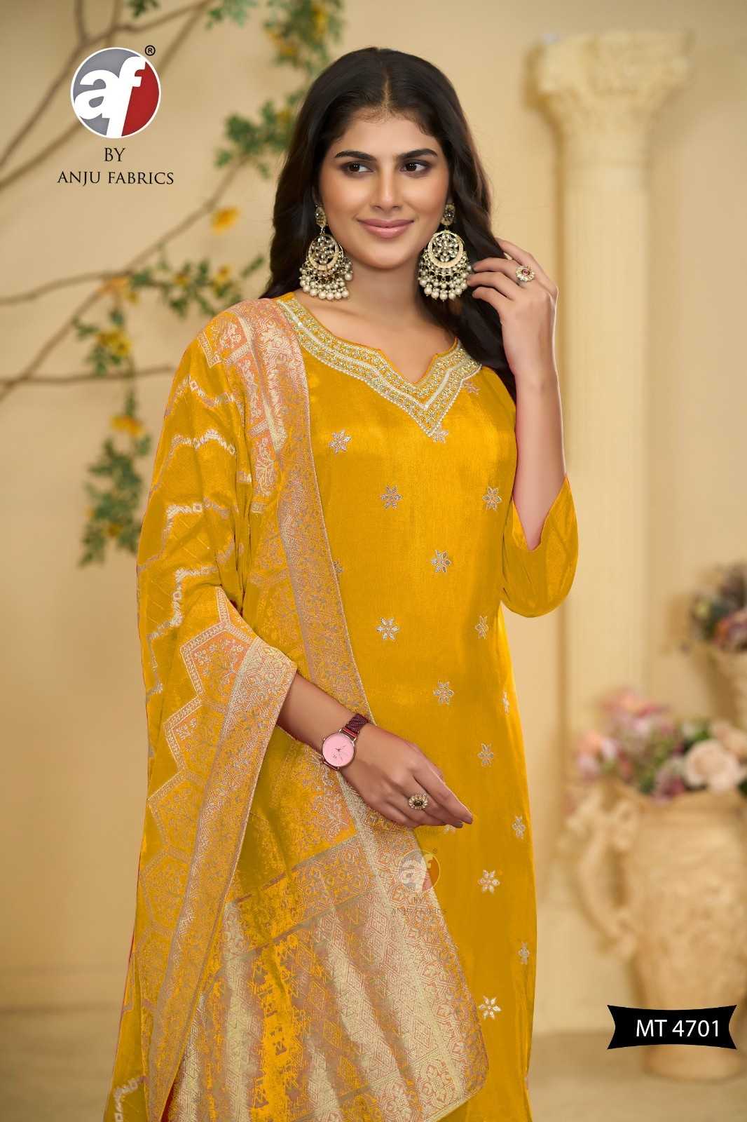 mt 4701 by anju fab festive look dola silk jacquard readymade combo collection suits