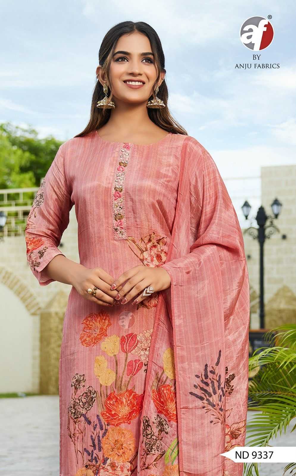 nd 9337 by anju fab tissue shimmer print readymade combo suits