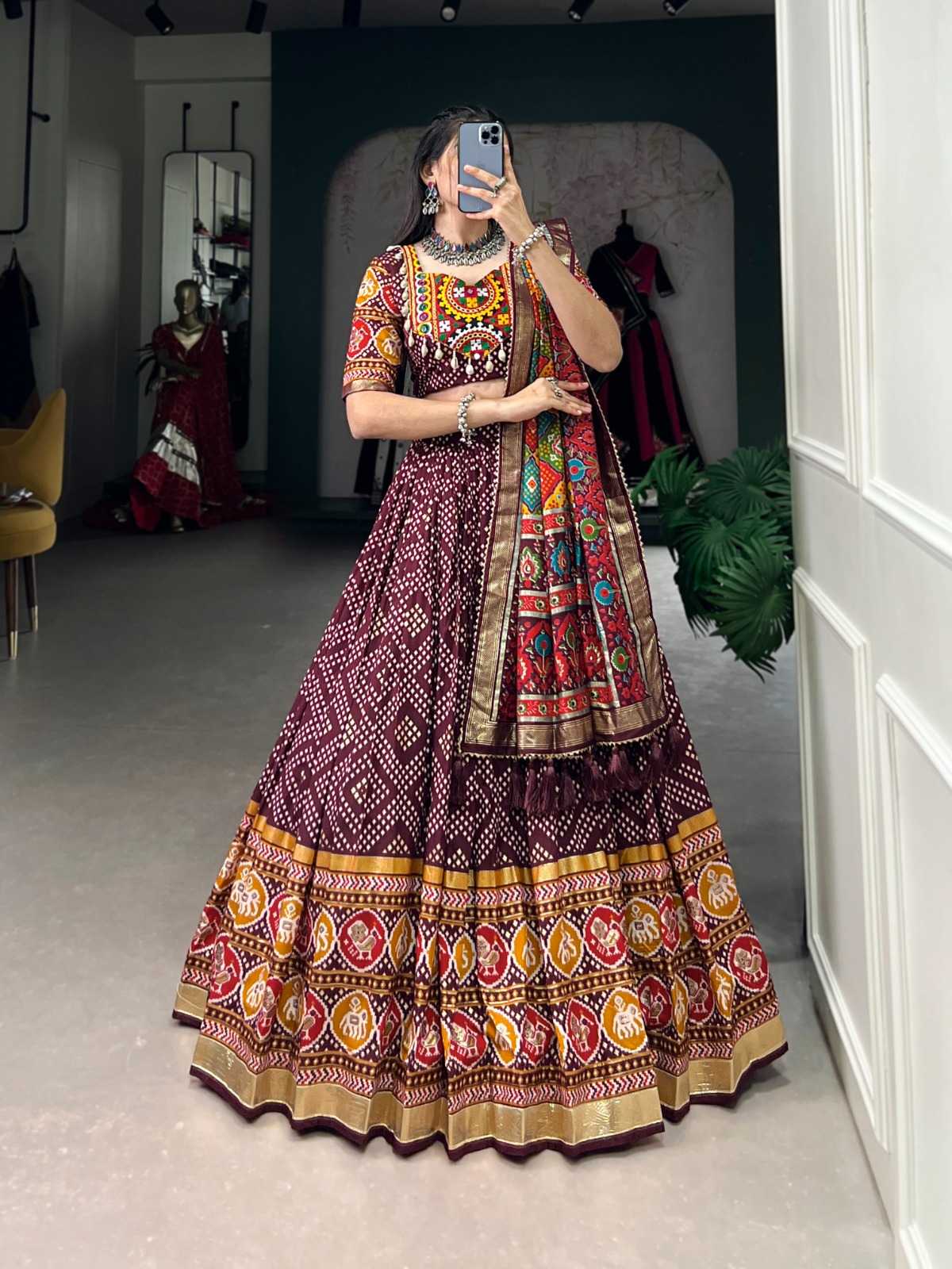 pr lnb1744 tussar silk bandhej print stitch navratri lehenga unstitch choli 