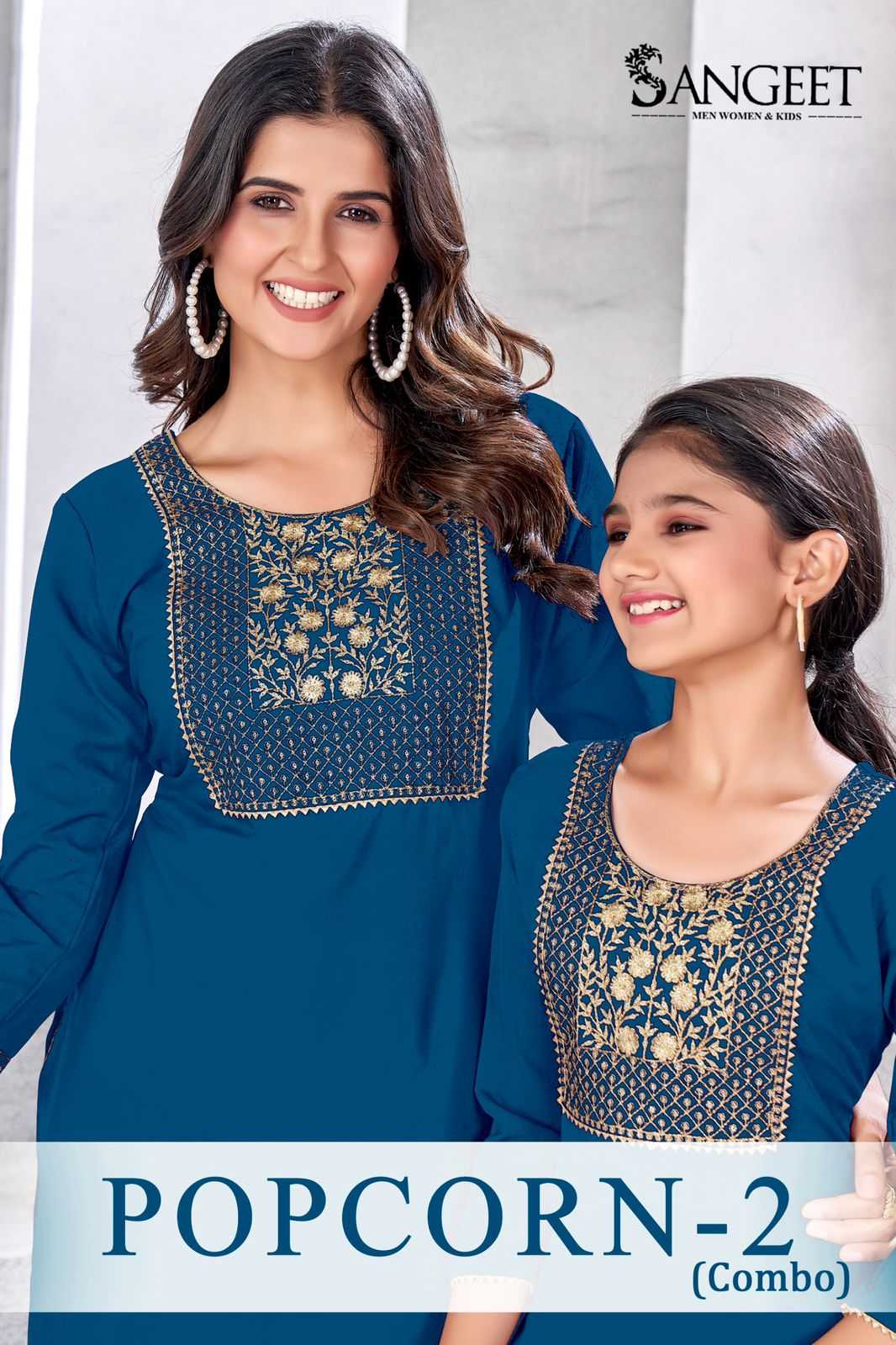 pr popcorn vol 2 rayon crepe gold embroidered fully stitch Mother daughter kurtis 