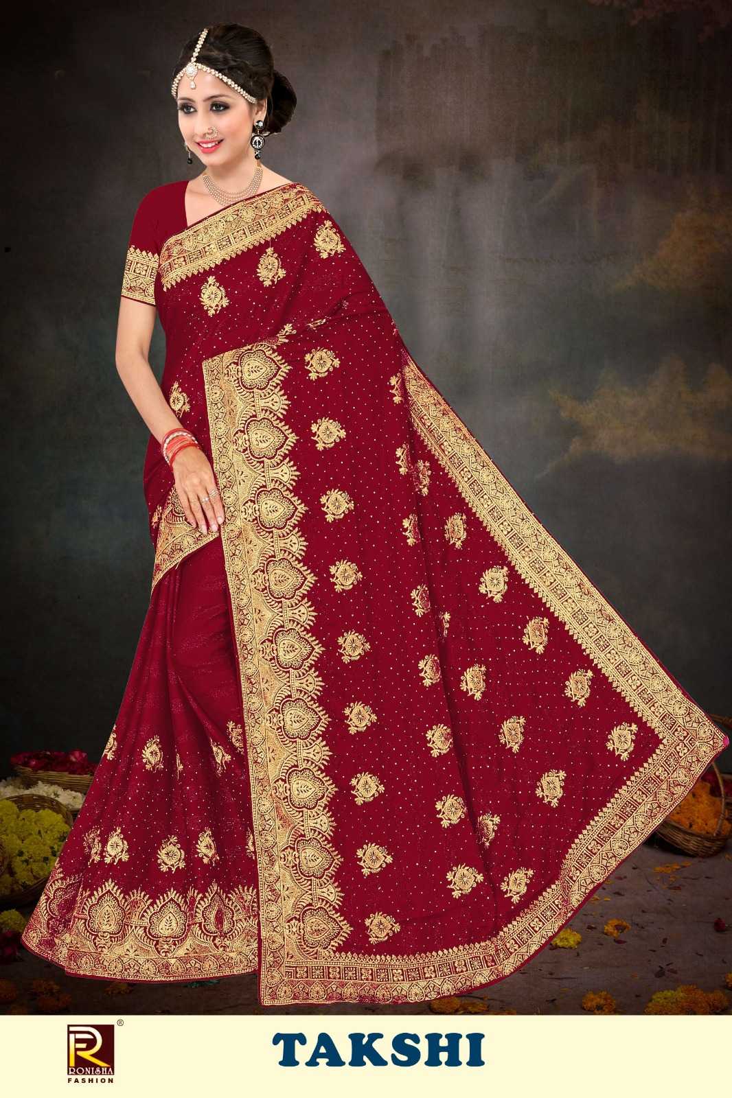 TAKSHI  BY RANJNA SAREE RIMZIN FABRICS SIROSKI DIAMOND WORK  & EMBROIDERY WORK FANCY SUPER HIT COLLECTION SAREES