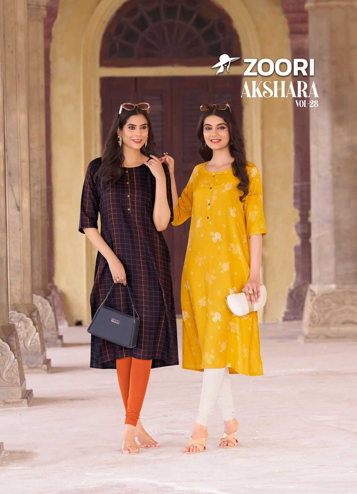 zoori akshara vol 28 rayon print readymade daily wear big size long kurtis 