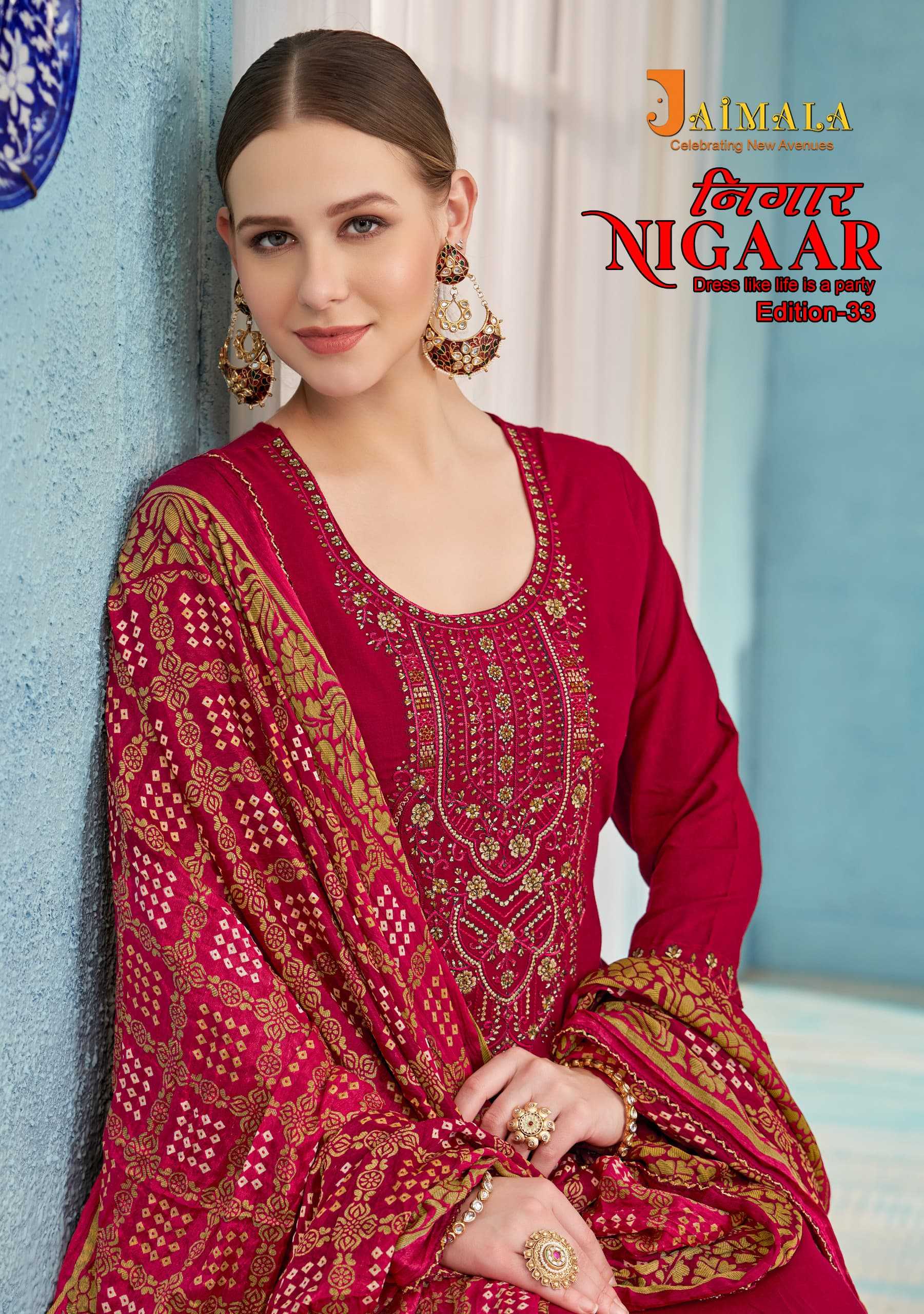 nigaar vol 33 by jaimala alok attractive rayon ladies suits online