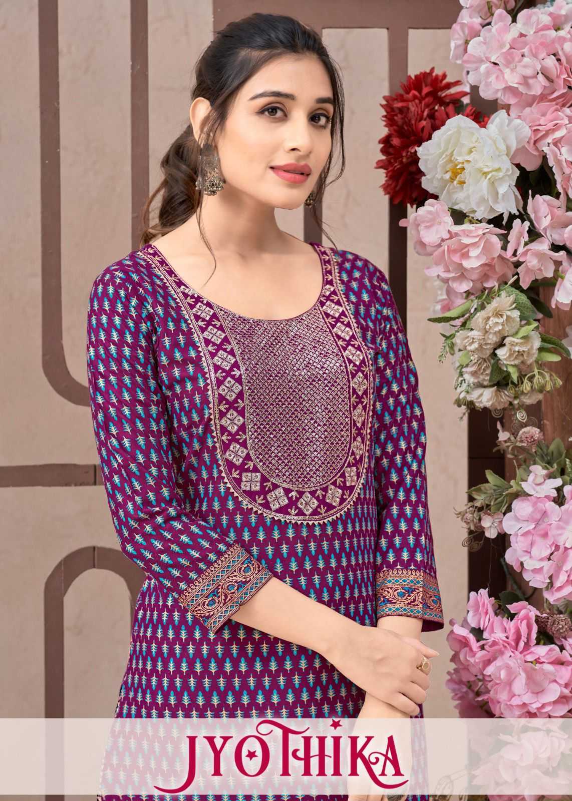 pr jyothika neck embroidery print rayon plus size readymade combo sets kurti