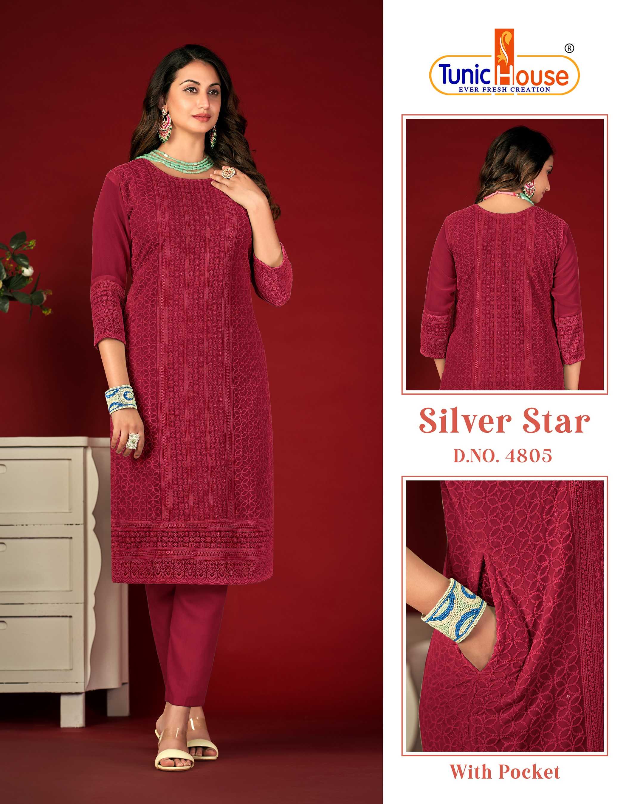 TUNIC HOUSE SILVER STAR CHIKANKARI KURTIS SIZE SET COMBO (MTO2XL)