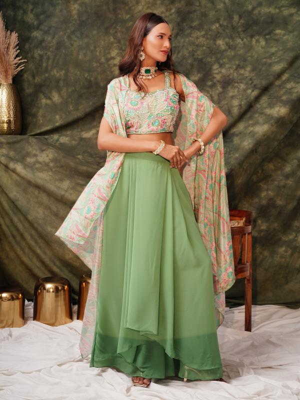 amoha trendz c407 georgette with cowl and silk satin shrug wear for indo western