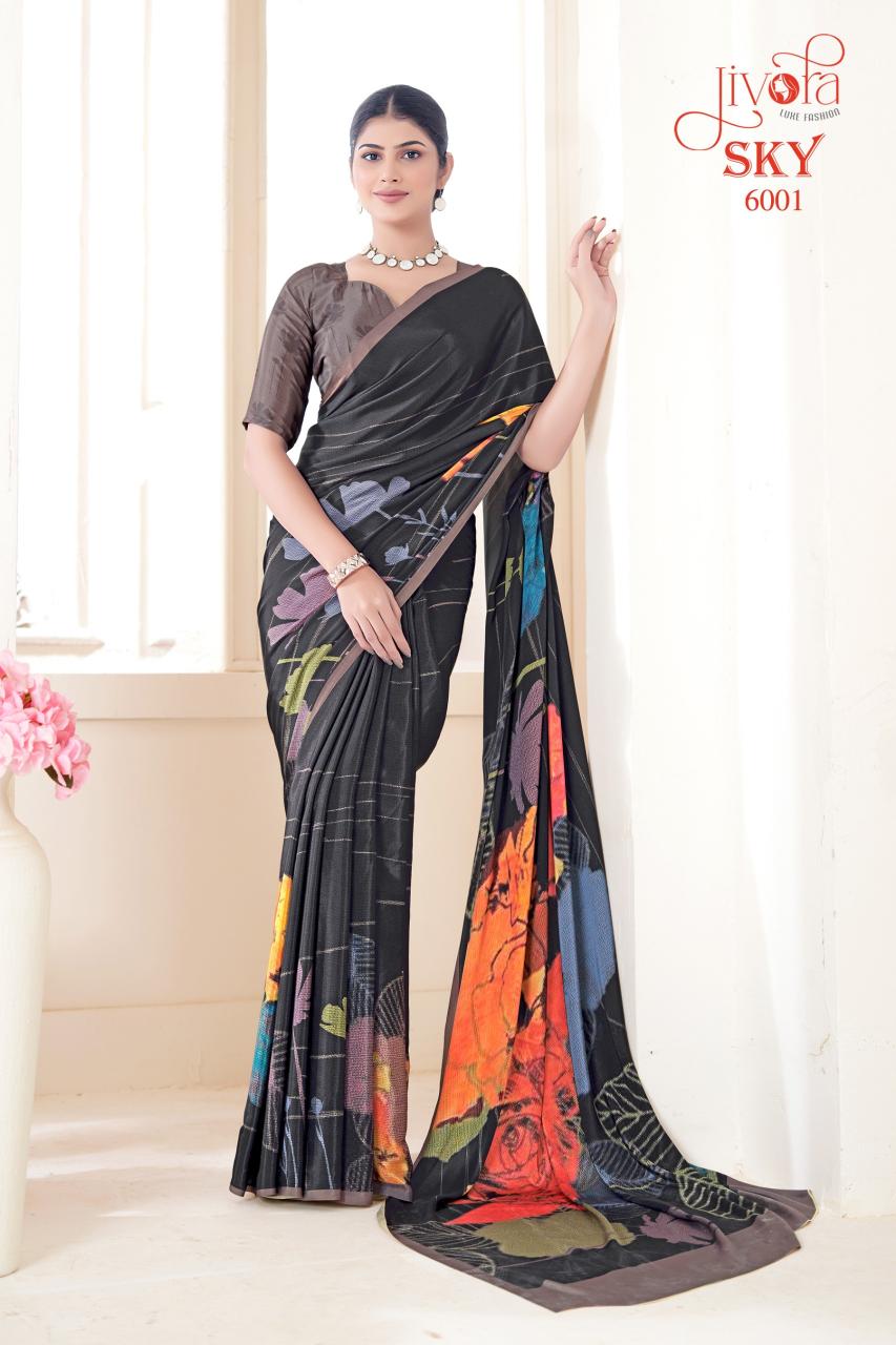 jivora sky 6001-6020 series soft crape flower printed uniform saree 