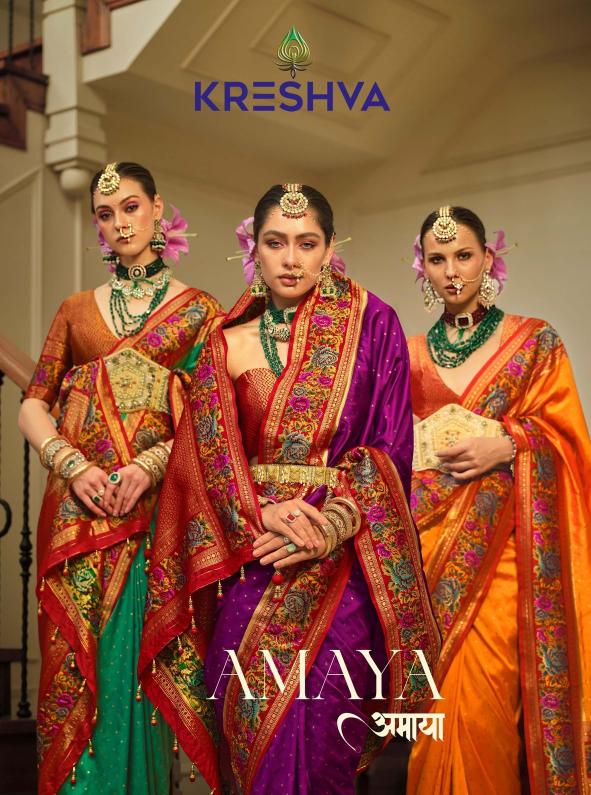 kreshva presents amaya banarasi silk party wear saree with blouse 