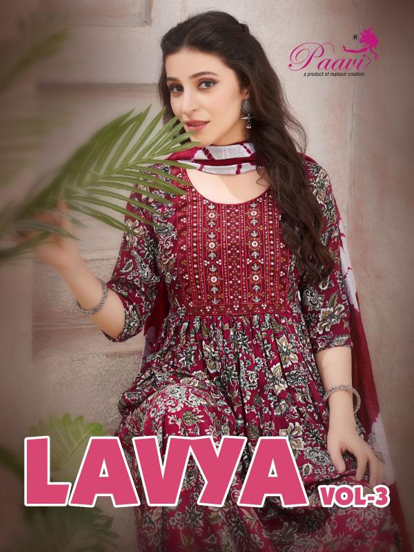 lavya vol 3 by paavi unique heavy print rinkle readymade umbrella 3pcs suits