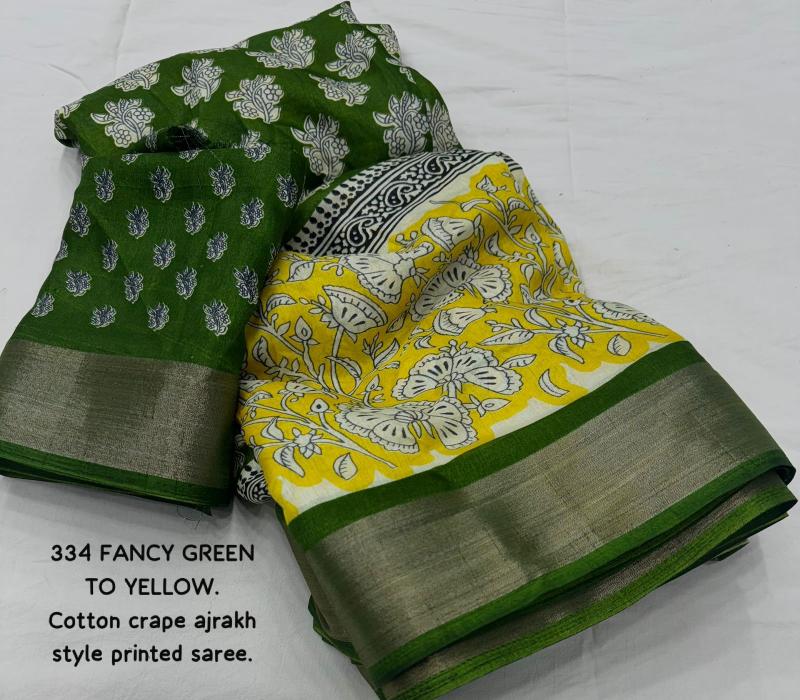 pr kc 334 fancy green to yellow soft cotton crape ajrakh saree 