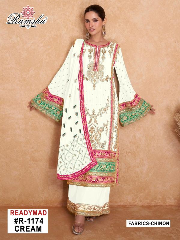 ramsha r 1174 nx cream embroidery work chinon pakistani fullstitch dress