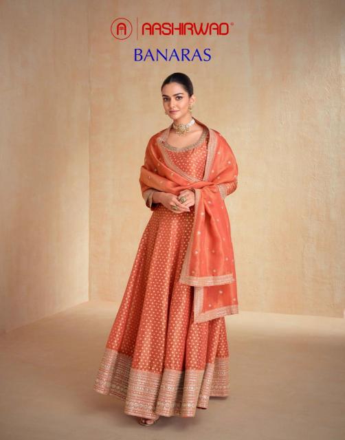 aashirwad creation banaras organza readymade designer gown with dupatta 