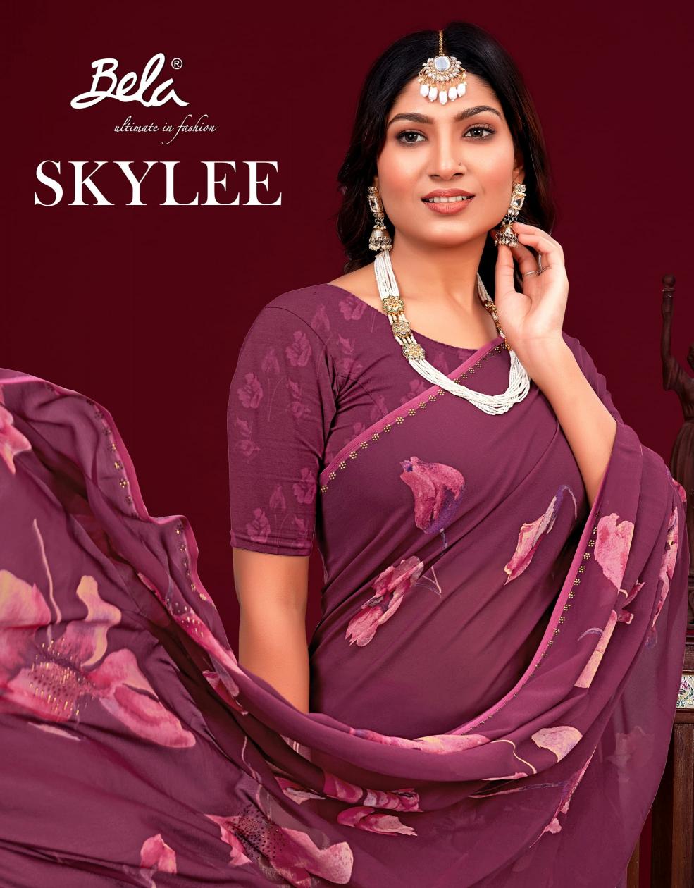bela saree skylee printed saree with border and stone work 