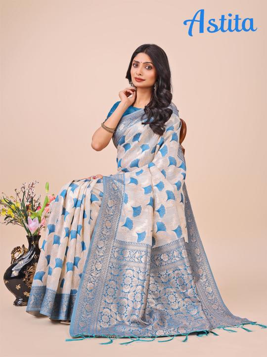 linen queen by astita fancy designer linen Cotton fabric saree wholesale with latkan 