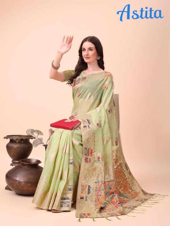 linen weaves by astita fancy designer linen Cotton fabric saree wholesale with latkan 