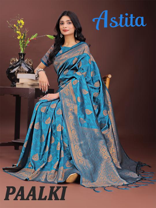 paalki by astita fancy designer silk fabric saree wholesale with fancy latkan 