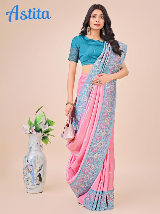 plazzo silk by astita fancy designer lichi silk fabric saree wholesale with fancy latkan 