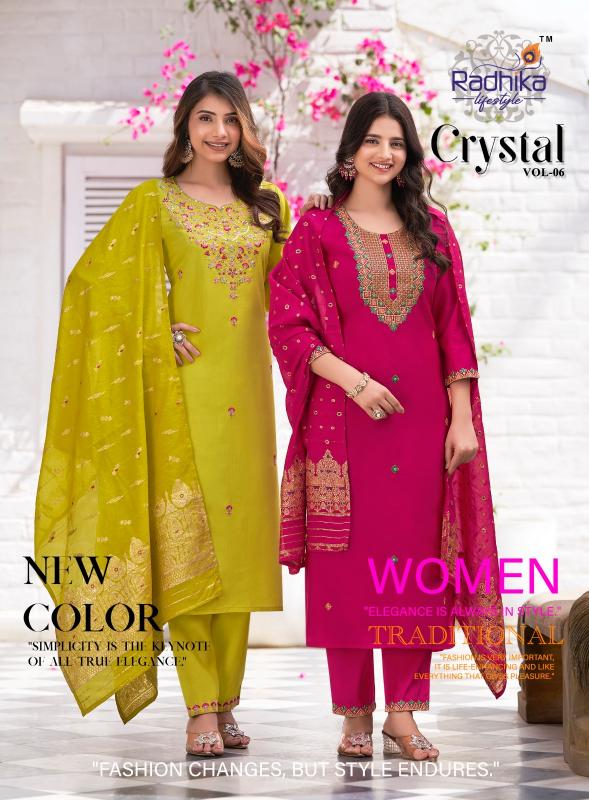 radhika life style crystal vol 6 kurti pant with dupatta set 