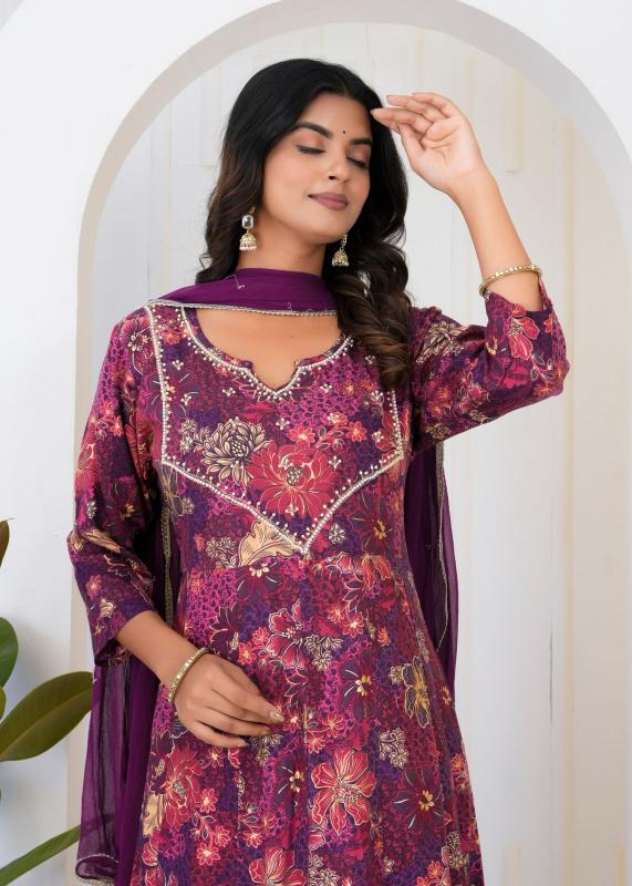 rayon foil print anarkali style readymade fashionable 3pcs combo dress