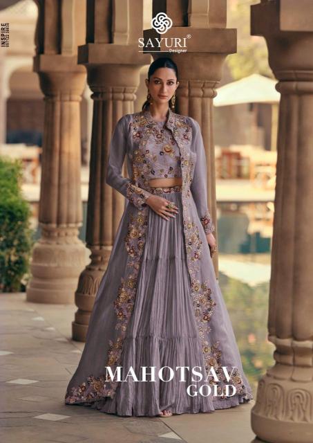 sayuri designer mahotsav gold full stitch chinon silk with shrug indo western dress