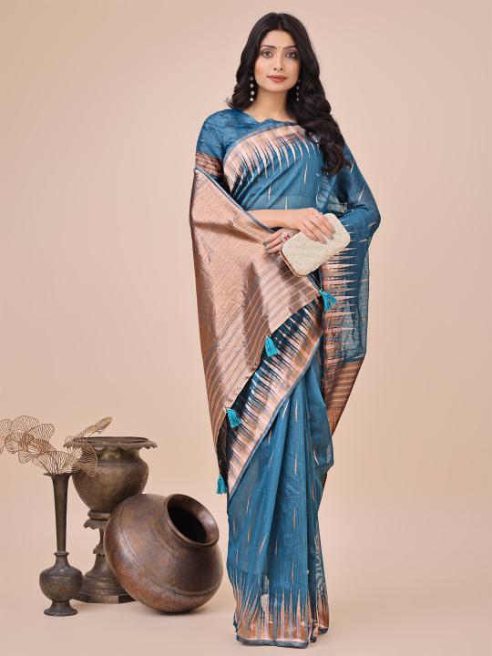 tara sitara by astita fancy designer linen Cotton fabric saree wholesale with latkan 